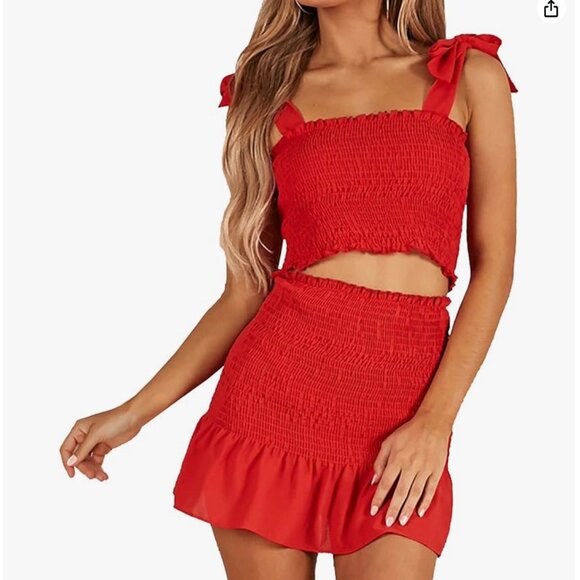 Red Two Piece Set Smocked Tube Top with High Waist Bodycon Skirt Women’s Medium - Picture 2 of 6